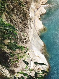 High angle view of rocky cliff and sea