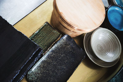 High angle view of wooden table