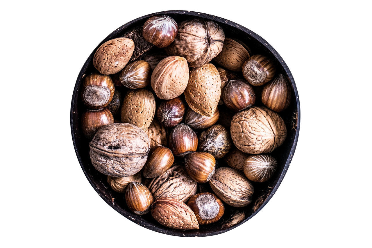 food and drink, food, white background, produce, studio shot, large group of objects, indoors, freshness, cut out, directly above, still life, nuts & seeds, no people, healthy eating, wellbeing, close-up, brown, abundance, nut, nut - food