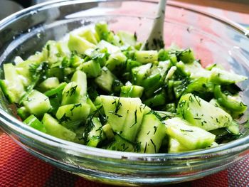 High angle view of chopped vegetables in bowl on table