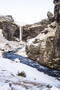 Scenic view of mountains against clear sky during winter
