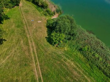 High angle view of road amidst trees on field