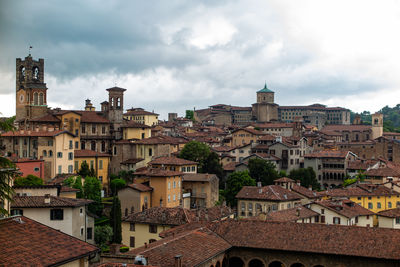 High angle view of buildings in city against sky