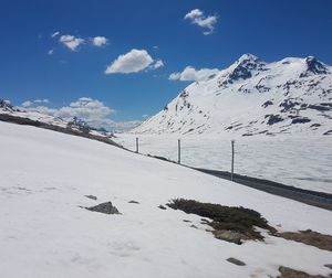 Scenic view of snow covered mountains against sky