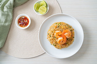 High angle view of food in plate on table