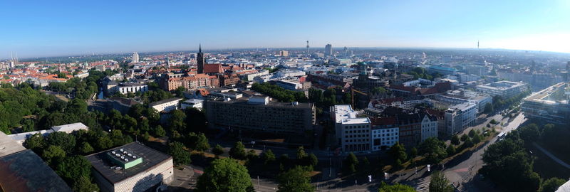 High angle view of buildings in city