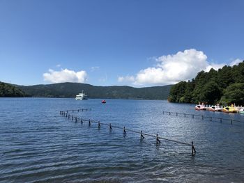 Scenic view of sea against blue sky