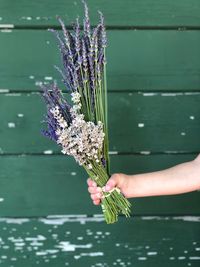 Cropped hand of woman holding flowers against wall