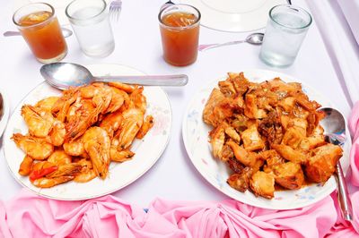 High angle view of food in plate on table