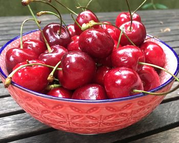 High angle view of strawberries in bowl on table