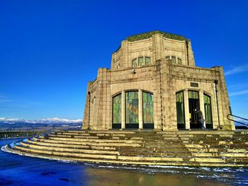 Low angle view of temple against clear blue sky