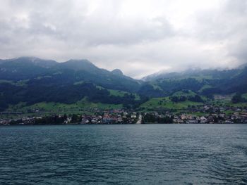 Scenic view of mountains against cloudy sky