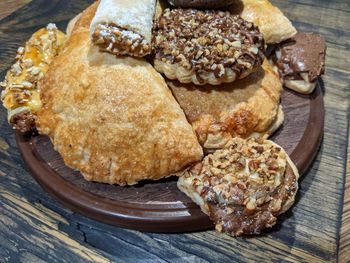 High angle view of breakfast on table