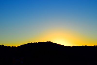 Scenic view of silhouette trees against clear sky during sunset