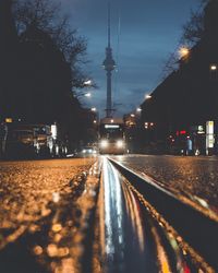 View of city lit up at night