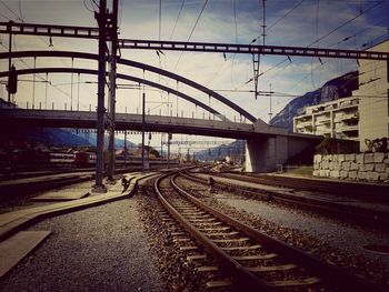 Railroad tracks on railroad station platform