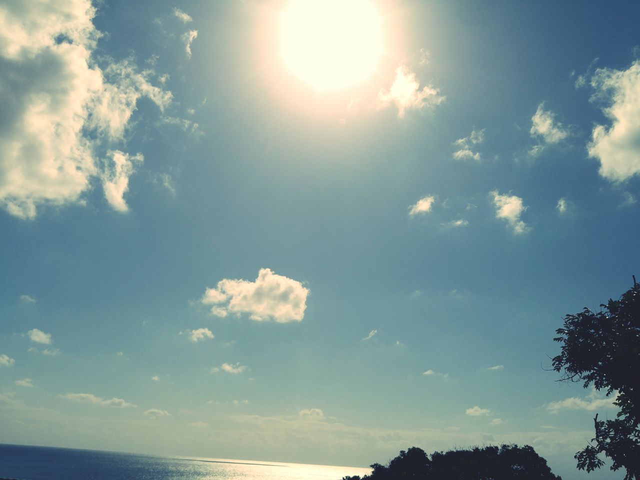 beauty in nature, nature, sky, scenics, tranquility, sun, tranquil scene, sunbeam, idyllic, sunlight, cloud - sky, outdoors, no people, sea, day, low angle view, horizon over water, tree