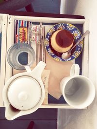 High angle view of breakfast on table