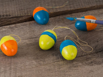 High angle view of multi colored balls on table