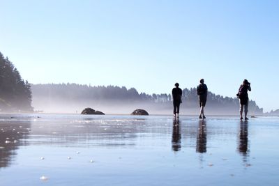 Men on shore against clear sky