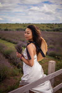 Asian woman in lavender field