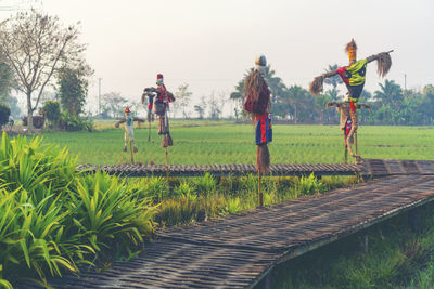 Scarecrows by plants on field against sky