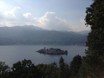 Scenic view of calm lake against cloudy sky