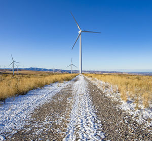 Wind turbines in a field with blue sky