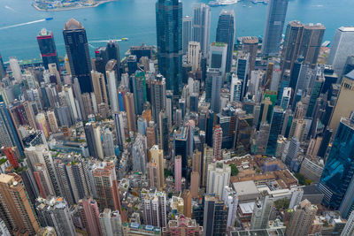 High angle view of modern buildings in city