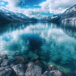 Scenic view of lake against cloudy sky