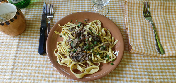 High angle view of meal served on table