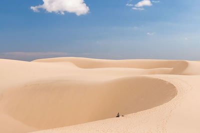 Alone man in desert at sunny day. white dunes or bau sen - natural landmark near mui ne, vietnam.