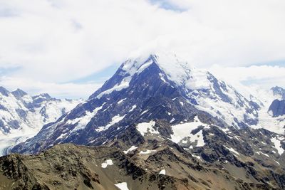 Scenic view of snowcapped mountains against cloudy sky