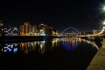 Reflection of illuminated buildings in city at night