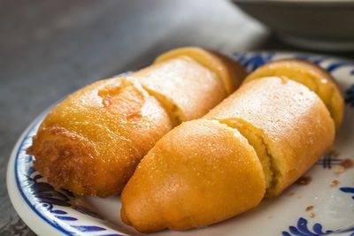 High angle view of bread in plate on table