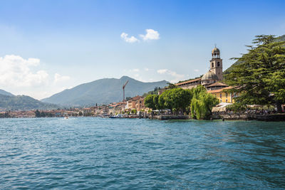 Salo village boat view at lake garda italy