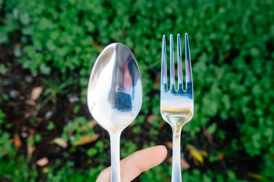 Close-up of spoon and fork against plants