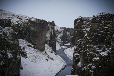 Panoramic view of snow covered rock against sky