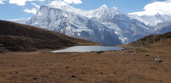 Scenic view of snowcapped mountains against sky