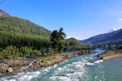 Scenic view of river by mountains against sky