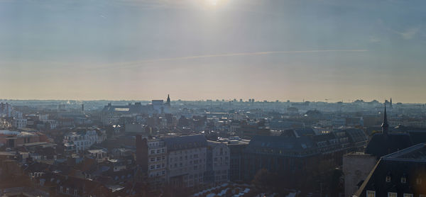 High angle view of buildings against sky during sunset