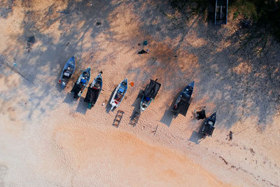 Aerial view of boats moored at beach