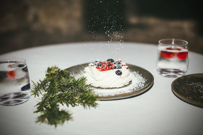 Close-up of pavlova dessert on table