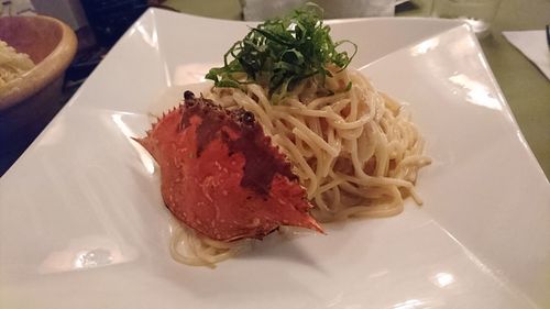 Close-up of meal served on table