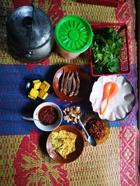High angle view of meal served on table