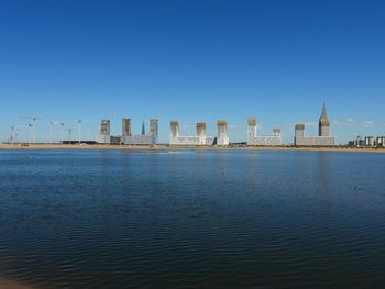 Scenic view of sea against clear blue sky