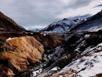 Scenic view of snowcapped mountains against sky