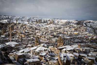 Aerial view of residential district against sky