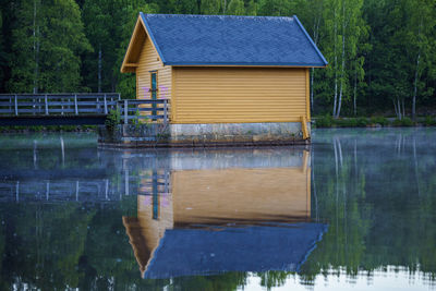 House by lake against trees