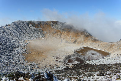 Scenic view of snow covered mountain against sky